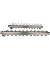 Коллекторная группа DN.ru GC4-31-11 1″ Ду25 Ру10 отводов — 11, в сборе с терморегулирующими клапанами и запорно-балансировочными клапанами, дренажным краном и воздухоотводчиком, с заглушками, без переходников, корпус - нержавеющая сталь AISI 304