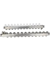 Коллекторная группа DN.ru GC4-31-12 1″ Ду25 Ру10 отводов — 12, в сборе с терморегулирующими клапанами и запорно-балансировочными клапанами, дренажным краном и воздухоотводчиком, с заглушками, без переходников, корпус - нержавеющая сталь AISI 304