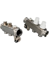 Коллекторная группа DN.ru GC4-31-2 1″ Ду25 Ру10 отводов — 2, в сборе с терморегулирующими клапанами и запорно-балансировочными клапанами, дренажным краном и воздухоотводчиком, с заглушками, без переходников, корпус - нержавеющая сталь AISI 304