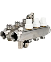 Коллекторная группа DN.ru GC4-31-3 1″ Ду25 Ру10 отводов — 3, в сборе с терморегулирующими клапанами и запорно-балансировочными клапанами, дренажным краном и воздухоотводчиком, с заглушками, без переходников, корпус - нержавеющая сталь AISI 304