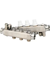 Коллекторная группа DN.ru GC4-31-3 1″ Ду25 Ру10 отводов — 3, в сборе с терморегулирующими клапанами и запорно-балансировочными клапанами, дренажным краном и воздухоотводчиком, с заглушками, без переходников, корпус - нержавеющая сталь AISI 304