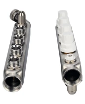 Коллекторная группа DN.ru GC4-31-4 1″ Ду25 Ру10 отводов — 4, в сборе с терморегулирующими клапанами и запорно-балансировочными клапанами, дренажным краном и воздухоотводчиком, с заглушками, без переходников, корпус - нержавеющая сталь AISI 304