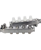 Коллекторная группа DN.ru GC4-31-4 1″ Ду25 Ру10 отводов — 4, в сборе с терморегулирующими клапанами и запорно-балансировочными клапанами, дренажным краном и воздухоотводчиком, с заглушками, без переходников, корпус - нержавеющая сталь AISI 304