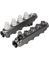 Коллекторная группа DN.ru GC4-31-4 1″ Ду25 Ру10 отводов — 4, в сборе с терморегулирующими клапанами и запорно-балансировочными клапанами, дренажным краном и воздухоотводчиком, с заглушками, без переходников, корпус - нержавеющая сталь AISI 304