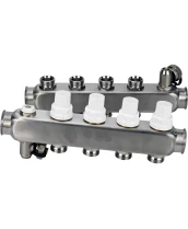 Коллекторная группа DN.ru GC4-31-4 1″ Ду25 Ру10 отводов — 4, в сборе с терморегулирующими клапанами и запорно-балансировочными клапанами, дренажным краном и воздухоотводчиком, с заглушками, без переходников, корпус - нержавеющая сталь AISI 304