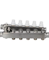 Коллекторная группа DN.ru GC4-31-5 1″ Ду25 Ру10 отводов — 5, в сборе с терморегулирующими клапанами и запорно-балансировочными клапанами, дренажным краном и воздухоотводчиком, с заглушками, без переходников, корпус - нержавеющая сталь AISI 304