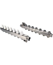 Коллекторная группа DN.ru GC4-31-7 1″ Ду25 Ру10 отводов — 7, в сборе с терморегулирующими клапанами и запорно-балансировочными клапанами, дренажным краном и воздухоотводчиком, с заглушками, без переходников, корпус - нержавеющая сталь AISI 304