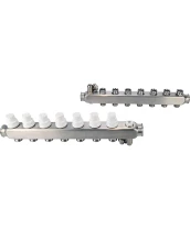 Коллекторная группа DN.ru GC4-31-7 1″ Ду25 Ру10 отводов — 7, в сборе с терморегулирующими клапанами и запорно-балансировочными клапанами, дренажным краном и воздухоотводчиком, с заглушками, без переходников, корпус - нержавеющая сталь AISI 304