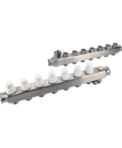 Коллекторная группа DN.ru GC4-31-7 1″ Ду25 Ру10 отводов — 7, в сборе с терморегулирующими клапанами и запорно-балансировочными клапанами, дренажным краном и воздухоотводчиком, с заглушками, без переходников, корпус - нержавеющая сталь AISI 304
