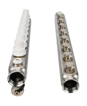 Коллекторная группа DN.ru GC4-31-8 1″ Ду25 Ру10 отводов — 8, в сборе с терморегулирующими клапанами и запорно-балансировочными клапанами, дренажным краном и воздухоотводчиком, с заглушками, без переходников, корпус - нержавеющая сталь AISI 304