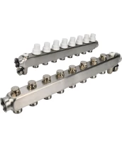 Коллекторная группа DN.ru GC4-31-8 1″ Ду25 Ру10 отводов — 8, в сборе с терморегулирующими клапанами и запорно-балансировочными клапанами, дренажным краном и воздухоотводчиком, с заглушками, без переходников, корпус - нержавеющая сталь AISI 304