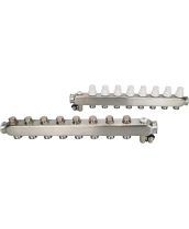 Коллекторная группа DN.ru GC4-31-8 1″ Ду25 Ру10 отводов — 8, в сборе с терморегулирующими клапанами и запорно-балансировочными клапанами, дренажным краном и воздухоотводчиком, с заглушками, без переходников, корпус - нержавеющая сталь AISI 304
