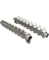 Коллекторная группа DN.ru GC4-31-8 1″ Ду25 Ру10 отводов — 8, в сборе с терморегулирующими клапанами и запорно-балансировочными клапанами, дренажным краном и воздухоотводчиком, с заглушками, без переходников, корпус - нержавеющая сталь AISI 304