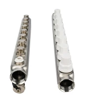 Коллекторная группа DN.ru GC4-31-8 1″ Ду25 Ру10 отводов — 8, в сборе с терморегулирующими клапанами и запорно-балансировочными клапанами, дренажным краном и воздухоотводчиком, с заглушками, без переходников, корпус - нержавеющая сталь AISI 304