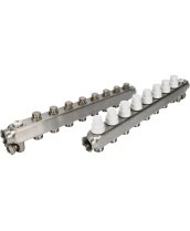 Коллекторная группа DN.ru GC4-31-8 1″ Ду25 Ру10 отводов — 8, в сборе с терморегулирующими клапанами и запорно-балансировочными клапанами, дренажным краном и воздухоотводчиком, с заглушками, без переходников, корпус - нержавеющая сталь AISI 304