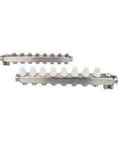Коллекторная группа DN.ru GC4-31-8 1″ Ду25 Ру10 отводов — 8, в сборе с терморегулирующими клапанами и запорно-балансировочными клапанами, дренажным краном и воздухоотводчиком, с заглушками, без переходников, корпус - нержавеющая сталь AISI 304