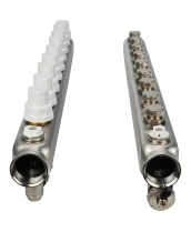 Коллекторная группа DN.ru GC4-31-9 1″ Ду25 Ру10 отводов — 9, в сборе с терморегулирующими клапанами и запорно-балансировочными клапанами, дренажным краном и воздухоотводчиком, с заглушками, без переходников, корпус - нержавеющая сталь AISI 304