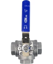 Кран шаровой DN.RU BV3232P(4pc)-SP-3WL-T-ISO-H Ду40 Ру63, 3-ходовой L-тип стандартнопроходной, внутренняя резьба, уплотнение - PTFE, материал корпуса - нержавеющая сталь SS316 с ISO фланцем и рукояткой