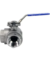 Кран шаровой DN.RU BV3232P(4pc)-SP-3WT-T-ISO-H Ду40 Ру63, 3-ходовой T-тип стандартнопроходной, внутренняя резьба, уплотнение - PTFE, материал корпуса - нержавеющая сталь SS316 с ISO фланцем и рукояткой