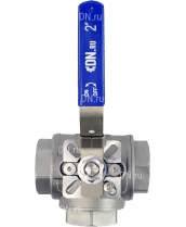 Кран шаровой DN.RU BV3232P(4pc)-SP-3WT-T-ISO-H Ду40 Ру63, 3-ходовой T-тип стандартнопроходной, внутренняя резьба, уплотнение - PTFE, материал корпуса - нержавеющая сталь SS316 с ISO фланцем и рукояткой