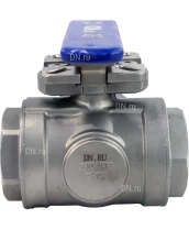 Кран шаровой DN.RU BV3232P(4pc)-SP-3WL-T-ISO-H Ду65 Ру40, 3-ходовой L-тип стандартнопроходной, внутренняя резьба, уплотнение - PTFE, материал корпуса - нержавеющая сталь SS316 с ISO фланцем и рукояткой