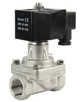 Клапан электромагнитный DN.ru VS731-PT-NC-220VAC 1/2″ Ду15 Ру10 соленоидный двухходовой, корпус - нержавеющая сталь 304, уплотнение - PTFE, внутренняя резьба, прямого действия, нормально закрытый, с нулевым перепадом давления, катушка - 220В