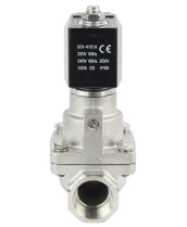 Клапан электромагнитный DN.ru VS1031-PT-NC-220VAC 3/4″ Ду20 Ру16 соленоидный двухходовой поршневой, резьбовой, корпус - нержавеющая сталь AISI 304, уплотнение - PTFE, пилотного действия, нормально закрытый, катушка - 220В AC