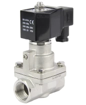 Клапан электромагнитный DN.ru VS1031-PT-NC-220VAC 3/4″ Ду20 Ру16 соленоидный двухходовой поршневой, резьбовой, корпус - нержавеющая сталь AISI 304, уплотнение - PTFE, пилотного действия, нормально закрытый, катушка - 220В AC