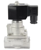 Клапан электромагнитный DN.ru VS1031-PT-NC-220VAC 3/4″ Ду20 Ру16 соленоидный двухходовой поршневой, резьбовой, корпус - нержавеющая сталь AISI 304, уплотнение - PTFE, пилотного действия, нормально закрытый, катушка - 220В AC