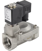 Клапан электромагнитный DN.ru VS431-NT-NC-220VAC 1″ Ду25 Ру16, соленоидный двухходовой, корпус - нержавеющая сталь 304, уплотнение - NBR, резьбовой, нормально-закрытый, пилотный, катушка - 220В