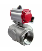 Кран шаровой DN.ru BV3232P(4pc)-SP-3WL-T-ISO-H Ду65 Ру40 стандартнопроходной L-тип, трехходовой, нержавеющая сталь SS316, внутренняя резьба, уплотнение - PTFE, с пн.приводом DN.ru PA-SA-105 c пн.распределителем DN.ru 4M310-08 220В