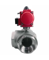 Кран шаровой DN.ru BV3232P(4pc)-SP-3WL-T-ISO-H Ду65 Ру40 стандартнопроходной L-тип, трехходовой, нержавеющая сталь SS316, внутренняя резьба, уплотнение - PTFE, с пн.приводом DN.ru PA-SA-105 c пн.распределителем DN.ru 4M310-08 220В