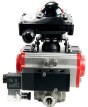 Кран шаровой DN.ru BV3232P(4pc)-SP-3WL-T-ISO-H Ду25 Ру63 стандартнопроходной трехходовой L-тип, нерж. сталь SS316, внутренняя резьба, уплотнение - PTFE, пн.приводом PA-SA-052, пн.распределителем 4M310-08 24В и блоком концевых выключателей APL-210N