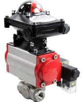 Кран шаровой DN.ru BV3232P(4pc)-SP-3WL-T-ISO-H Ду25 Ру63 стандартнопроходной трехходовой L-тип, нерж. сталь SS316, внутренняя резьба, уплотнение - PTFE, пн.приводом PA-SA-052, пн.распределителем 4M310-08 24В и блоком концевых выключателей APL-210N