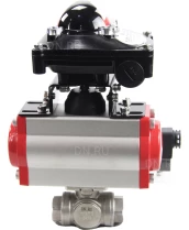 Кран шаровой DN.ru BV3232P(4pc)-SP-3WL-T-ISO-H Ду25 Ру63 стандартнопроходной трехходовой L-тип, нерж. сталь SS316, внутренняя резьба, уплотнение - PTFE, пн.приводом PA-SA-052, пн.распределителем 4M310-08 24В и блоком концевых выключателей APL-210N
