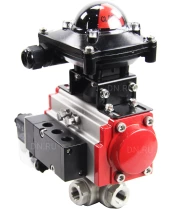 Кран шаровой DN.ru BV3232P(4pc)-SP-3WL-T-ISO-H Ду25 Ру63 стандартнопроходной трехходовой L-тип, нерж. сталь SS316, внутренняя резьба, уплотнение - PTFE, пн.приводом PA-SA-052, пн.распределителем 4M310-08 24В и блоком концевых выключателей APL-210N