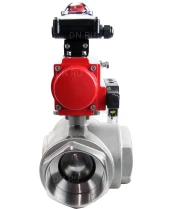 Кран шаровой DN.ru BV3232P(4pc)-SP-3WL-T-ISO-H Ду100 Ру40 стандартнопроходной трехходовой L-тип, нерж. сталь SS316, внутренняя резьба, уплотнение - PTFE, пн.приводом PA-DA-083, пн.распределителем 4M310-08 220В и блоком концевых выключателей APL-210N