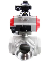 Кран шаровой DN.ru BV3232P(4pc)-SP-3WL-T-ISO-H Ду100 Ру40 стандартнопроходной трехходовой L-тип, нерж. сталь SS316, внутренняя резьба, уплотнение - PTFE, пн.приводом PA-DA-083, пн.распределителем 4M310-08 220В и блоком концевых выключателей APL-210N