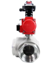 Кран шаровой DN.ru BV3232P(4pc)-SP-3WL-T-ISO-H Ду100 Ру40 стандартнопроходной трехходовой L-тип, нерж. сталь SS316, внутренняя резьба, уплотнение - PTFE, пн.приводом PA-DA-083, пн.распределителем 4M310-08 220В и блоком концевых выключателей APL-210N