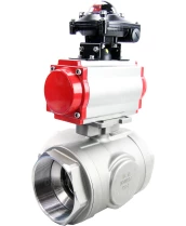 Кран шаровой DN.ru BV3232P(4pc)-SP-3WL-T-ISO-H Ду100 Ру40 стандартнопроходной трехходовой L-тип, нерж. сталь SS316, внутренняя резьба, уплотнение - PTFE, пн.приводом PA-DA-083, пн.распределителем 4M310-08 220В и блоком концевых выключателей APL-210N