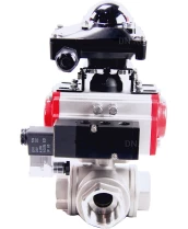 Кран шаровой DN.ru BV3232P(4pc)-SP-3WL-T-ISO-H Ду32 Ру63 стандартнопроходной трехходовой L-тип, нерж. сталь SS316, внутренняя резьба, уплотнение - PTFE, пн.приводом PA-DA-052, пн.распределителем 4M310-08 220В и блоком концевых выключателей APL-210N