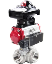 Кран шаровой DN.ru BV3232P(4pc)-SP-3WL-T-ISO-H Ду32 Ру63 стандартнопроходной трехходовой L-тип, нерж. сталь SS316, внутренняя резьба, уплотнение - PTFE, пн.приводом PA-DA-052, пн.распределителем 4M310-08 24В и блоком концевых выключателей APL-210N