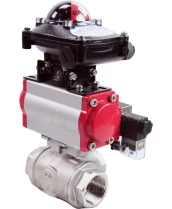 Кран шаровой DN.ru BV3232P(4pc)-SP-3WL-T-ISO-H Ду32 Ру63 стандартнопроходной трехходовой L-тип, нерж. сталь SS316, внутренняя резьба, уплотнение - PTFE, пн.приводом PA-DA-052, пн.распределителем 4M310-08 24В и блоком концевых выключателей APL-210N