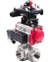 Кран шаровой DN.ru BV3232P(4pc)-SP-3WL-T-ISO-H Ду32 Ру63 стандартнопроходной трехходовой L-тип, нерж. сталь SS316, внутренняя резьба, уплотнение - PTFE, пн.приводом PA-DA-052, пн.распределителем 4M310-08 24В и блоком концевых выключателей APL-210N