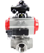Кран шаровой DN.ru BV3232P(4pc)-SP-3WL-T-ISO-H Ду50 Ру63 стандартнопроходной трехходовой L-тип, нерж. сталь SS316, внутренняя резьба, уплотнение - PTFE, пн.приводом PA-DA-065, пн.распределителем 4M310-08 220В и блоком концевых выключателей APL-210N