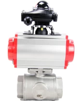 Кран шаровой DN.ru BV3232P(4pc)-SP-3WL-T-ISO-H Ду40 Ру63 стандартнопроходной трехходовой L-тип, нерж. сталь SS316, внутренняя резьба, уплотнение - PTFE, пн.приводом PA-SA-083, пн.распределителем 4M310-08 24В и блоком концевых выключателей APL-210N
