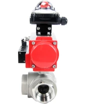 Кран шаровой DN.ru BV3232P(4pc)-SP-3WL-T-ISO-H Ду40 Ру63 стандартнопроходной трехходовой L-тип, нерж. сталь SS316, внутренняя резьба, уплотнение - PTFE, пн.приводом PA-SA-083, пн.распределителем 4M310-08 24В и блоком концевых выключателей APL-210N