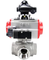 Кран шаровой DN.ru BV3232P(4pc)-SP-3WL-T-ISO-H Ду40 Ру63 стандартнопроходной трехходовой L-тип, нерж. сталь SS316, внутренняя резьба, уплотнение - PTFE, пн.приводом PA-SA-083, пн.распределителем 4M310-08 24В и блоком концевых выключателей APL-210N