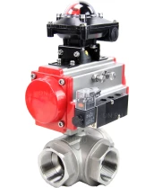 Кран шаровой DN.ru BV3232P(4pc)-SP-3WL-T-ISO-H Ду40 Ру63 стандартнопроходной трехходовой L-тип, нерж. сталь SS316, внутренняя резьба, уплотнение - PTFE, пн.приводом PA-SA-083, пн.распределителем 4M310-08 24В и блоком концевых выключателей APL-210N