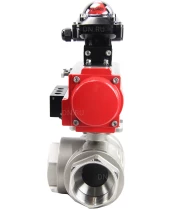 Кран шаровой DN.ru BV3232P(4pc)-SP-3WL-T-ISO-H Ду65 Ру40 стандартнопроходной трехходовой L-тип, нерж. сталь SS316, внутренняя резьба, уплотнение - PTFE, пн.приводом PA-SA-105, пн.распределителем 4M310-08 24В и блоком концевых выключателей APL-210N